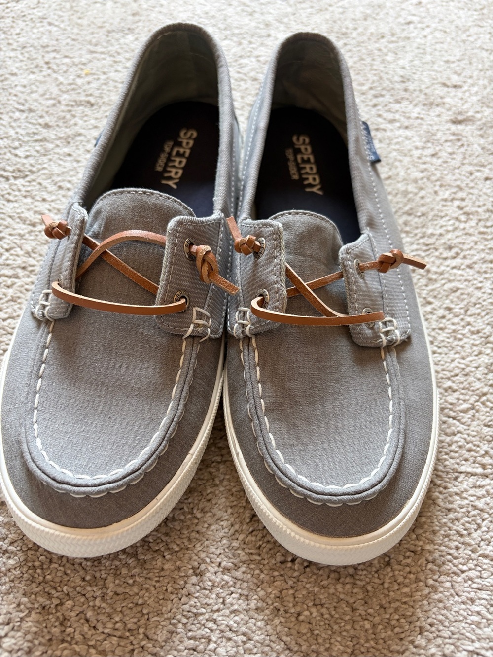 Sperry Gray Canvas Boat Shoes with Brown Laces